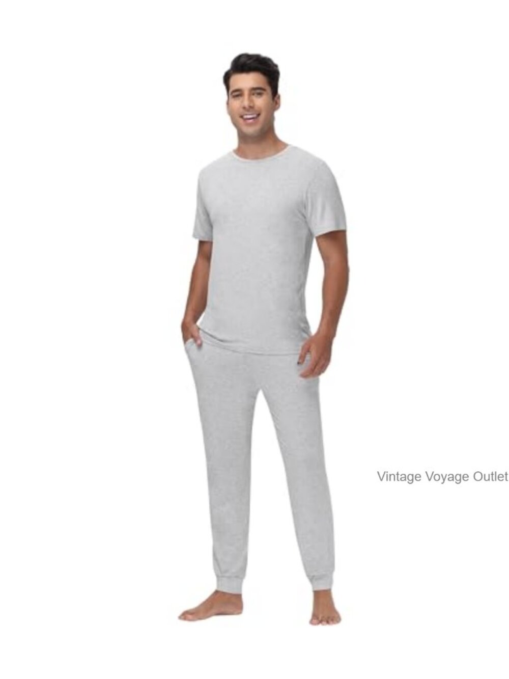 Men's Bamboo Viscose Pajama Set Short Sleeve Top Pants with Pockets